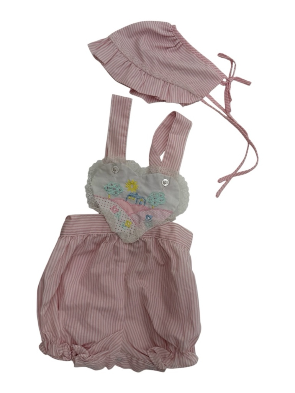 Vintage Baby Girl Pink Striped Heart Romper with Matching Bonnet